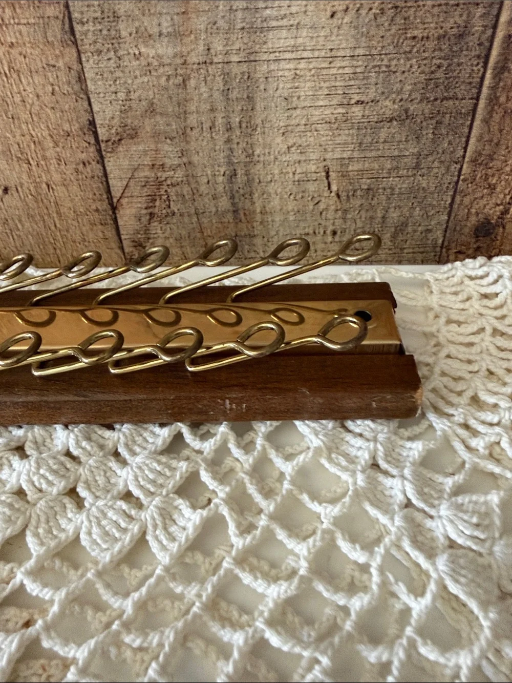 VTG MCM Wall-Mounted Tie/Belts or Necklace Rack, Wood and Brass
